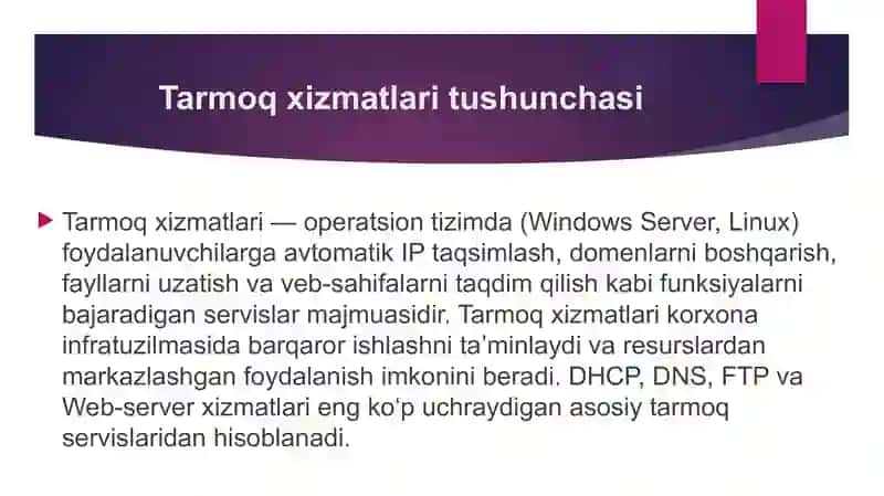 OT da tarmoq xizmatlari konfiguratsiyasi. (DHCP, DNS, FTP, Web-server kabi xizmatlarning o’rnatilish 2