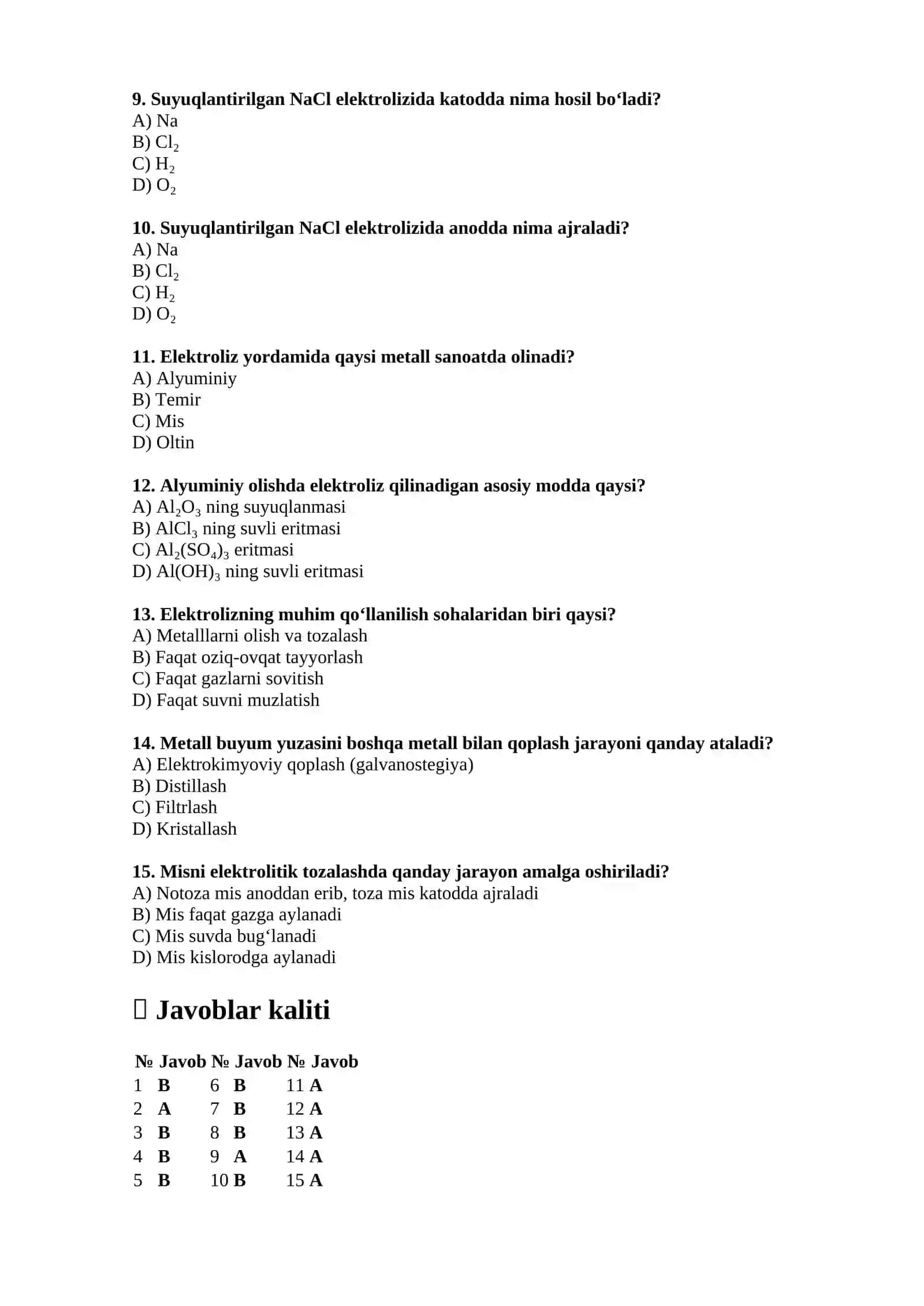 Elektroliz va uning ahamiyati — 15 ta test 2