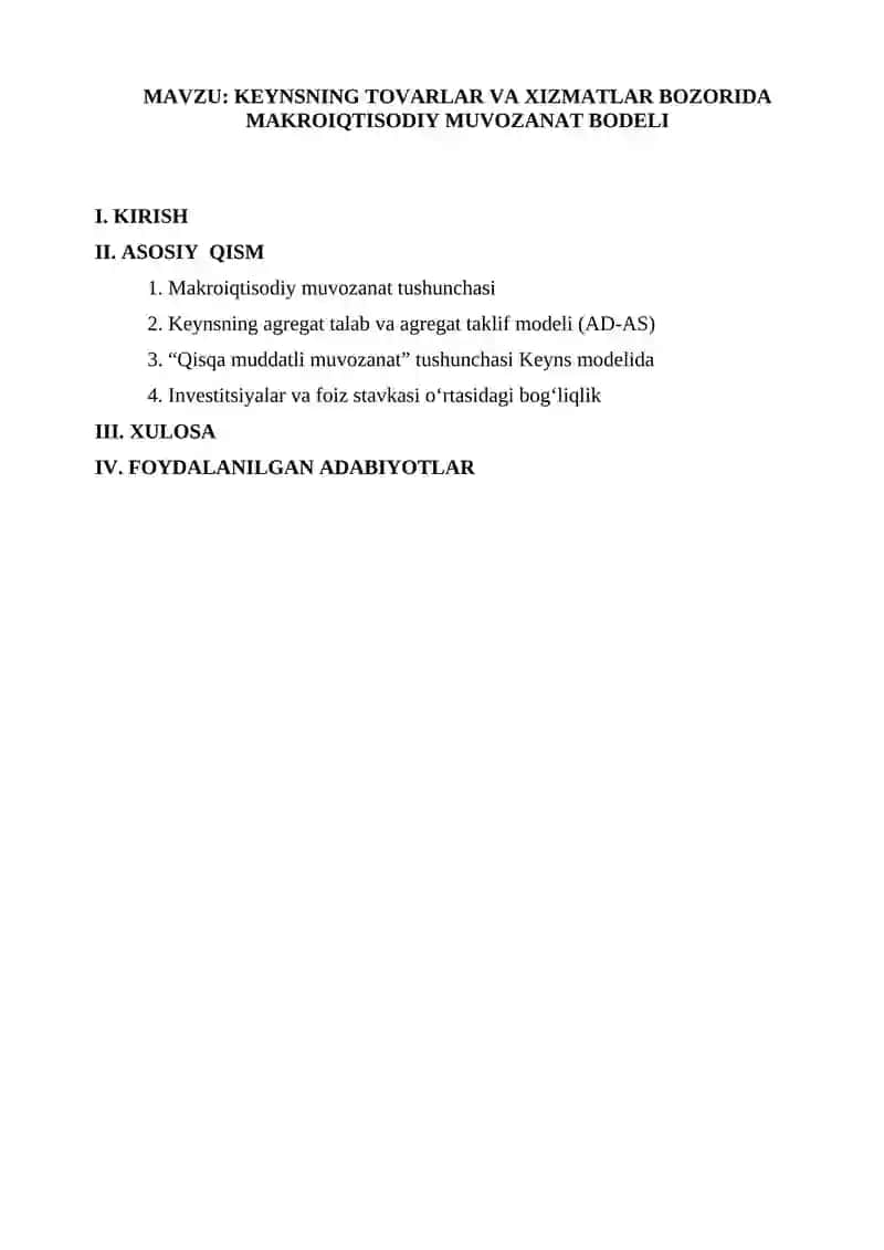 Keynsning tovarlar va xizmatlar bozorida makro iqtisodiy muvozanat bodeli 2
