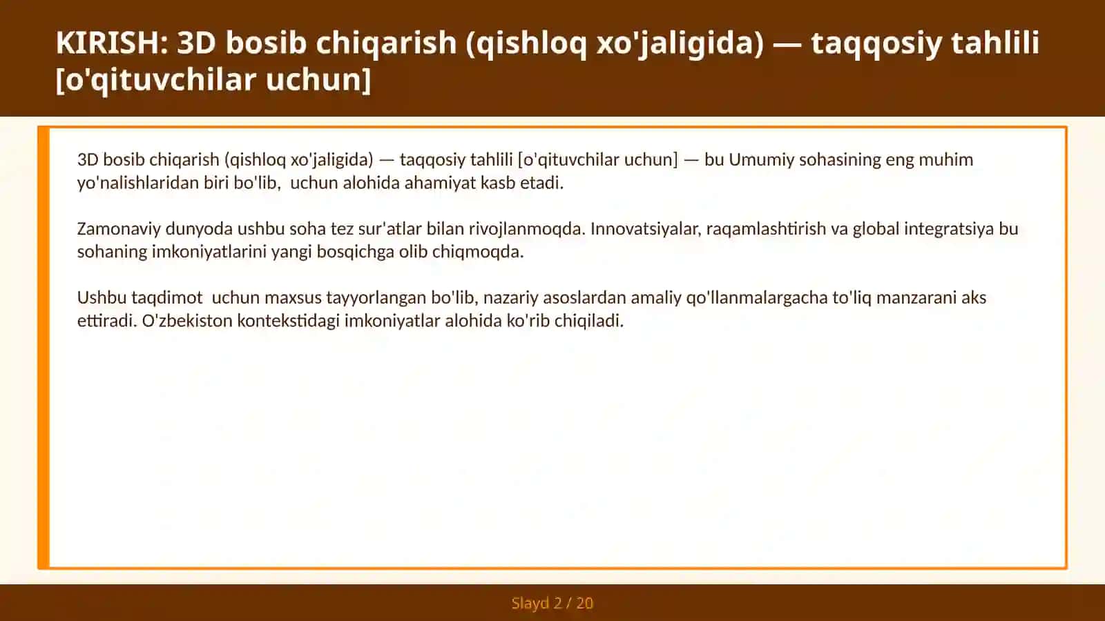 3D BOSIB CHIQARISH (QISHLOQ XO'JALIGIDA) — TAQQOSIY TAHLILI [O'QITUVCHILAR UCHUN] 2