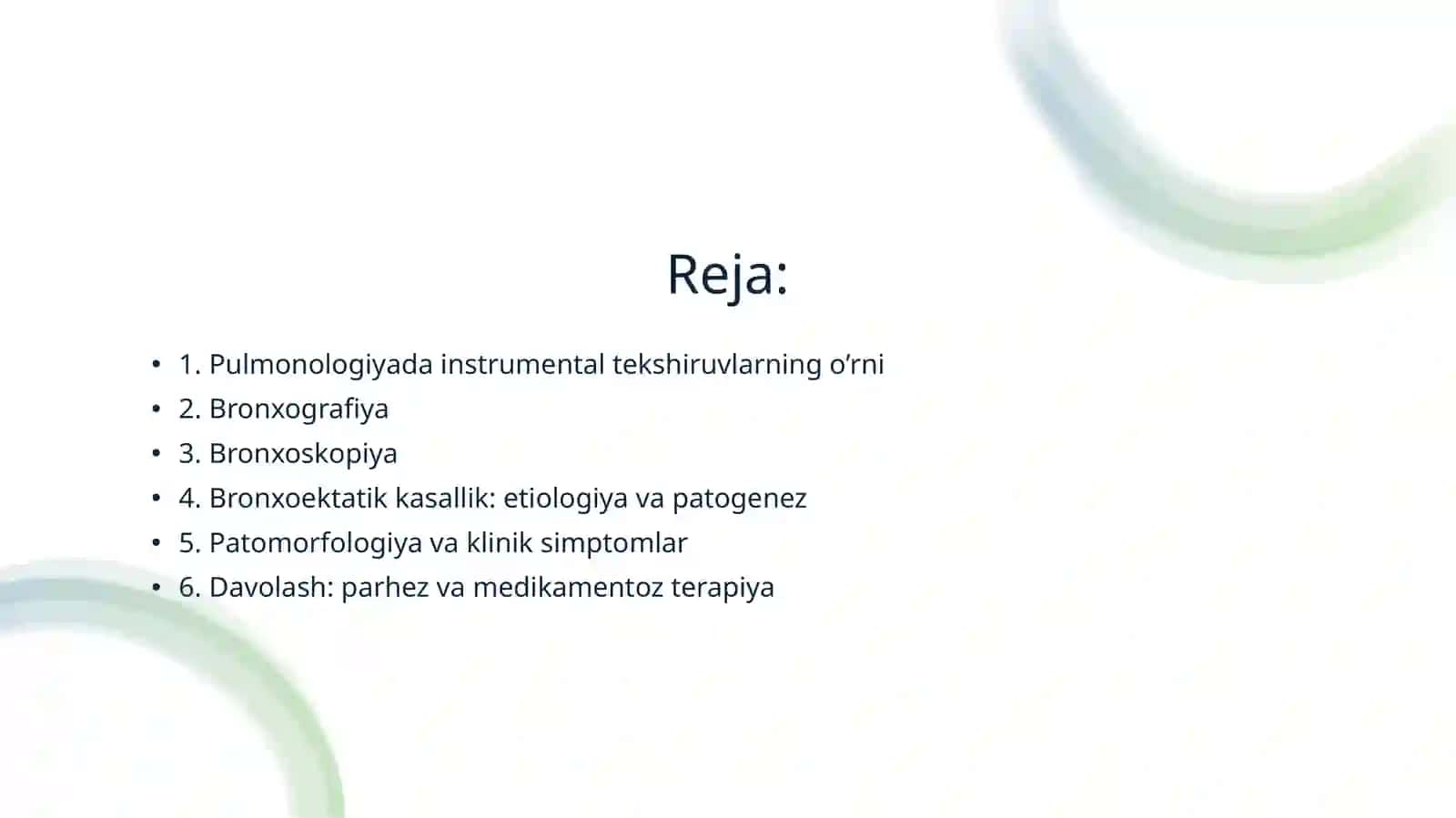 Pulmonologiya amaliyotida rentgenologik va endoskopik tekshiruvlarning o’rni: bronxografiya va bronxoskopiya. Bronxoektatik kasallik: etiologiya, patogenez, patomorfologiya, xarakterli simptomlar, og’iz bo’shlig’ida o’ziga xos o’zgarishlar parhez va medikamentoz davolash. 2