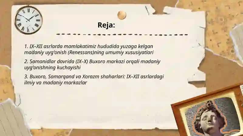 IX-XII asrlarda mamlakatimiz hududida yuzaga kelgan madaniy uygʻonish (Renessans)ning umumiy xususiyatlari 2