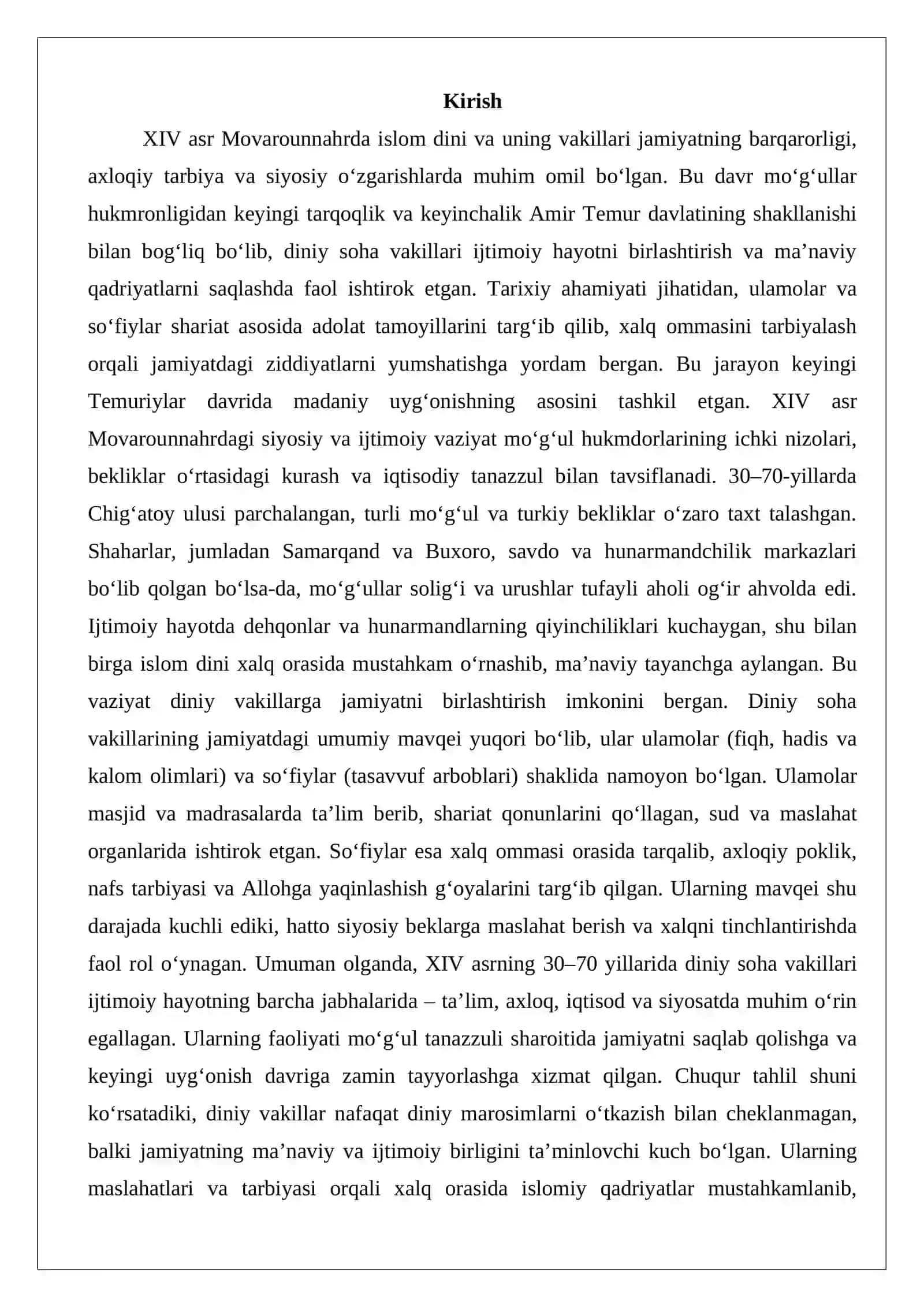 XIV asrning 30–70 yillarida Movarounnahr ijtimoiy hayotida diniy soha vakillarining o‘rni va ro‘li 2