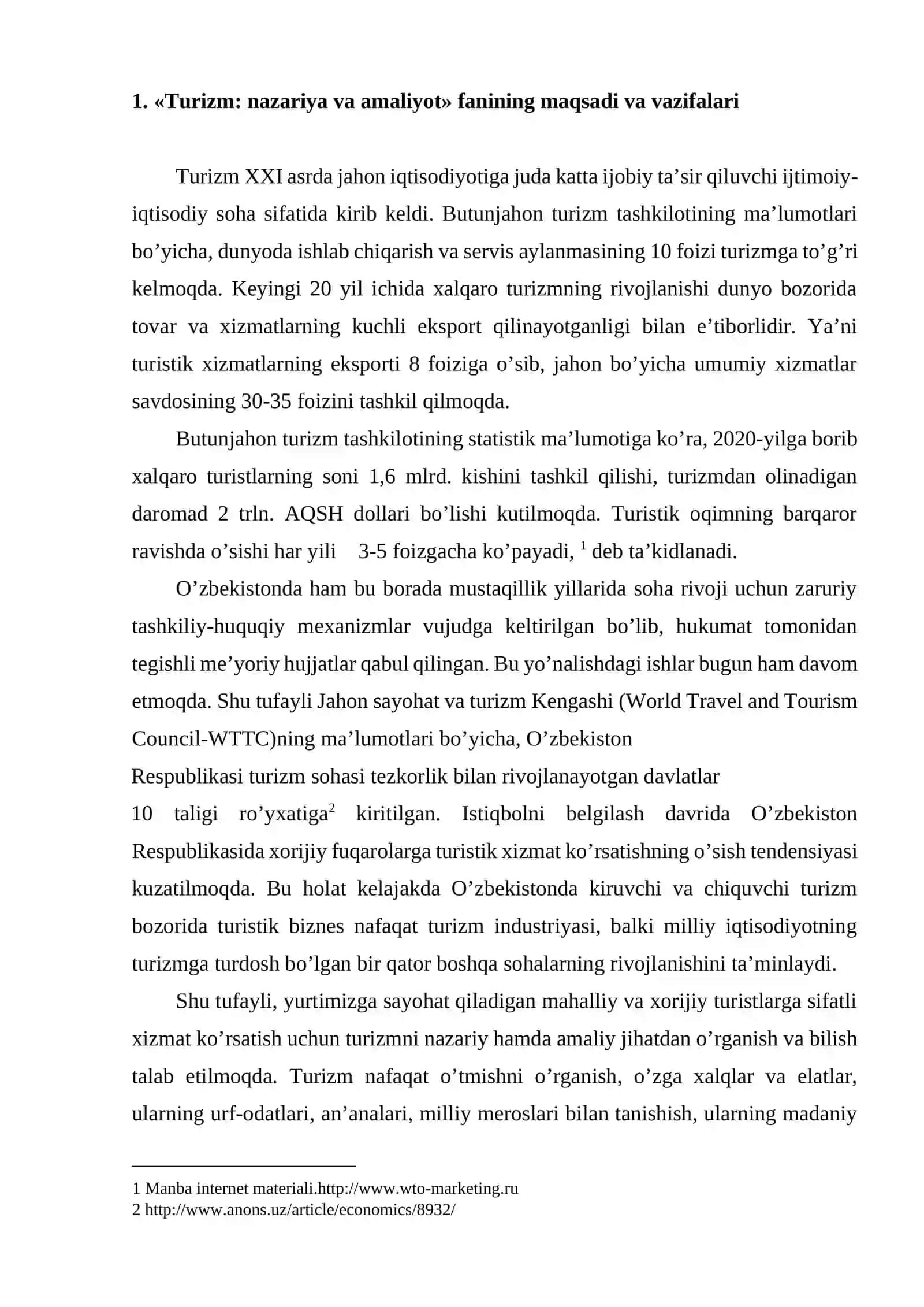 "Turizm: nazariya va amaliyot" faniga kirish 2