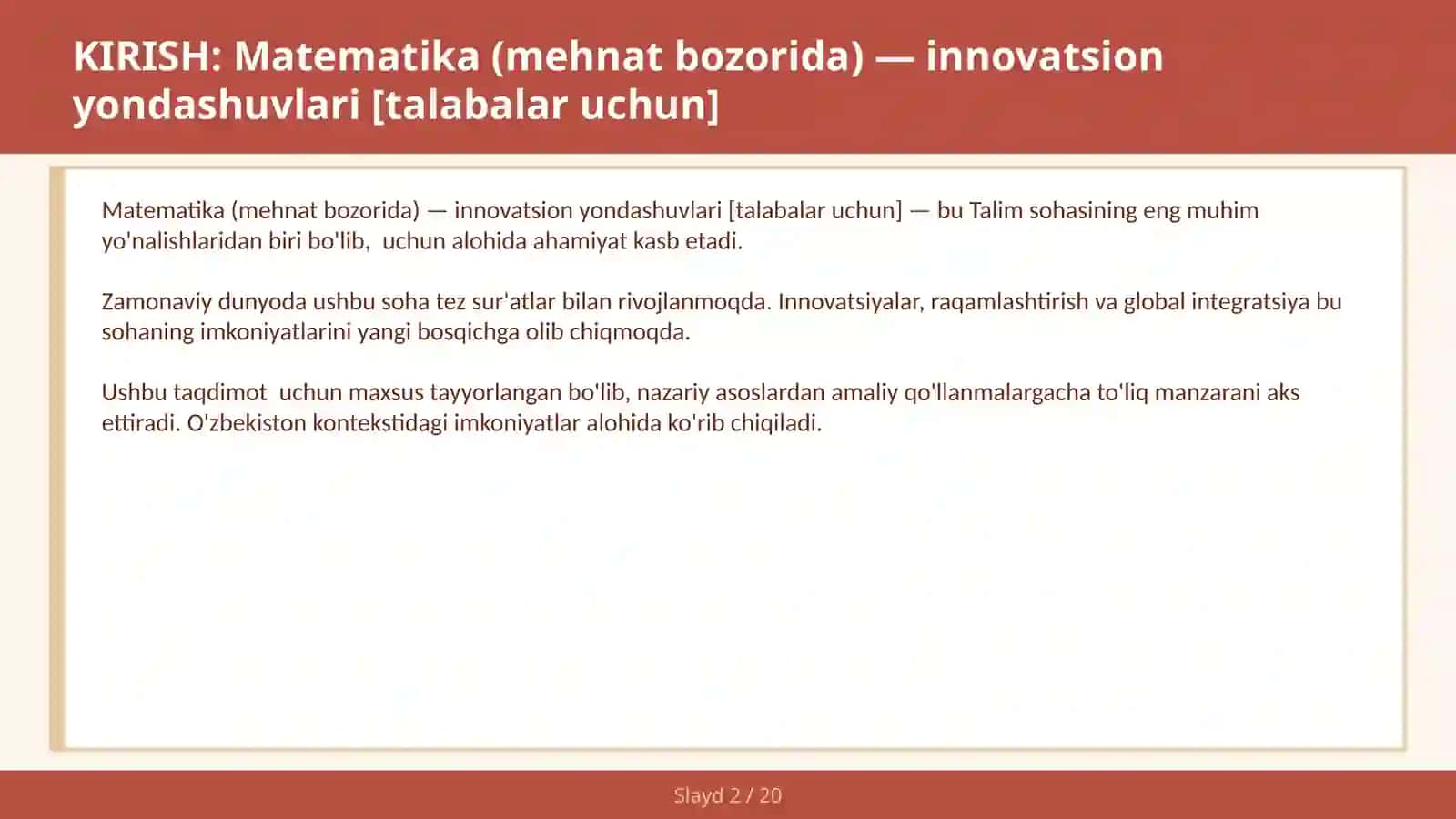 Matematika (mehnat bozorida) — innovatsion yondashuvlari [talabalar uchun] 2