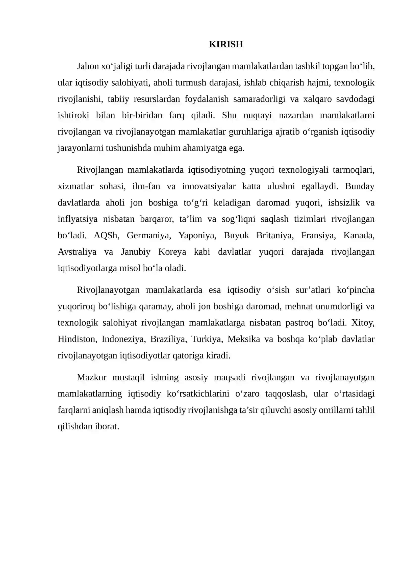 RIVOJLANGAN VA RIVOJLANAYOTGAN MAMLAKATLARNING IQTISODIY KO‘RSATKICHLARI 2