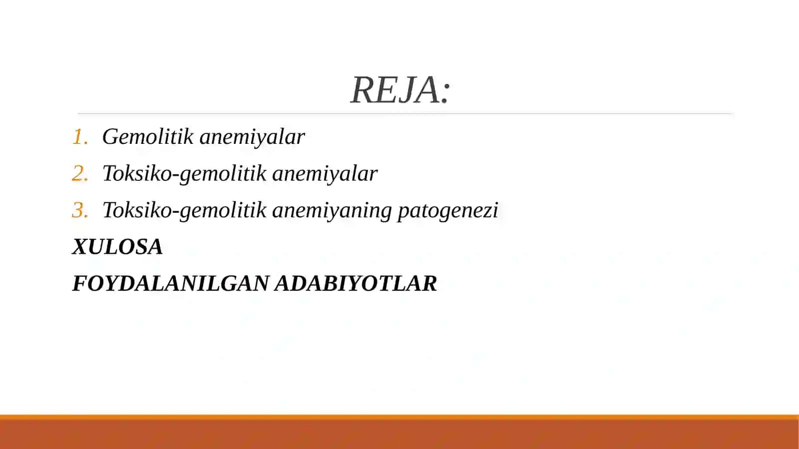 Gemolitik va postgemorragik anemiyalar. Toksiko-gemolitik va postgemorragik anemiyalarning etiologiyasi va patogenezi, turlari, periferik qondagi o'zgarishlar. Anemiyalarni toksiko - gemolitik turida periferik kon ko'rinishlarini o'rganish (klinik materiallar buyicha) va klinik tahlil etish. 2
