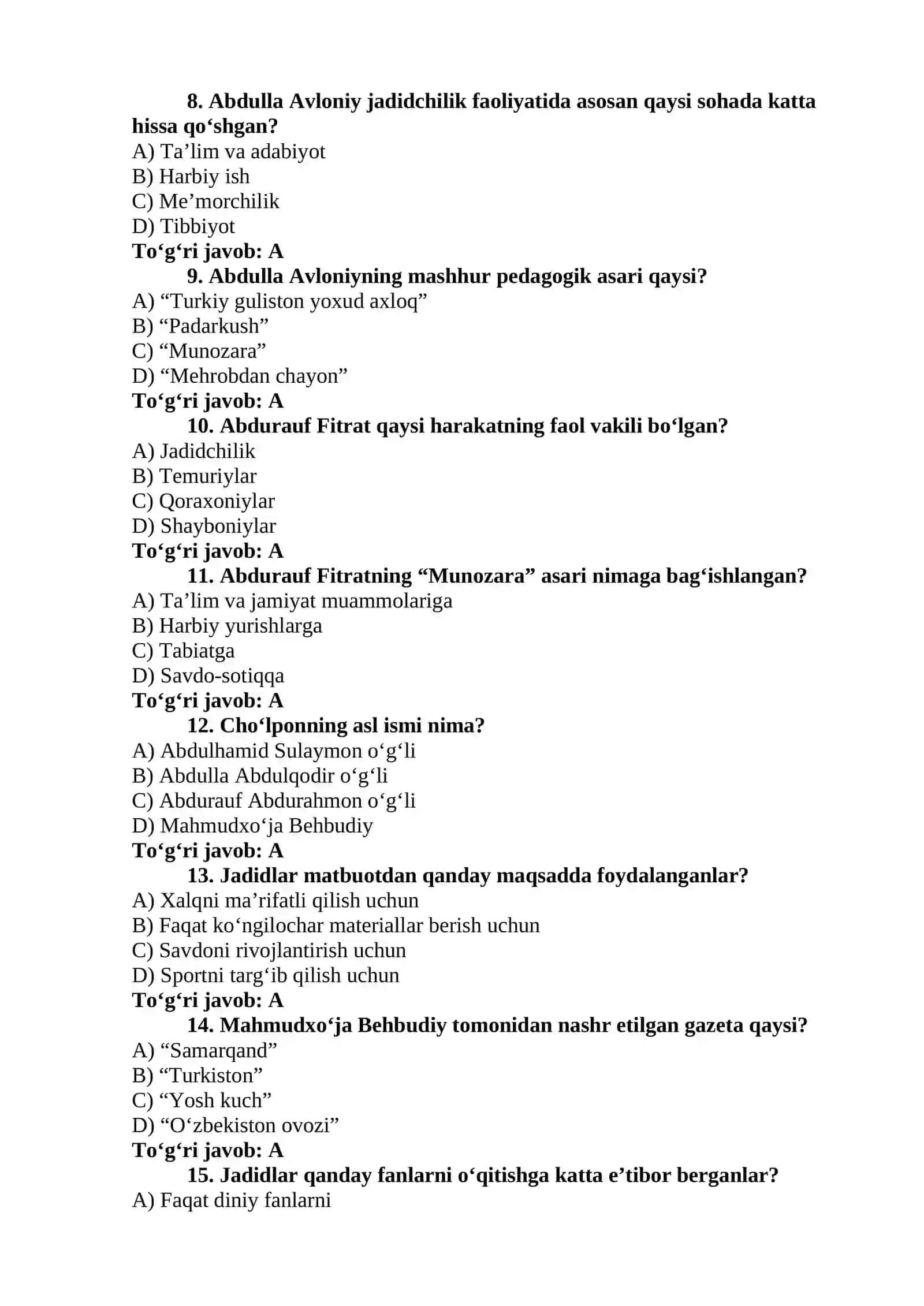 Jadidlar haqida 30 ta test 2