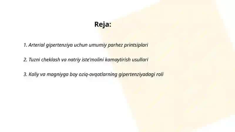Arterial gipertenziyada buyuriladigan parhez, og'iz bo'shlig'i kasalliklari bilan birga kelganda parhez. Arterial gipertoniyalarda parhezning o'ziga xosligi 2
