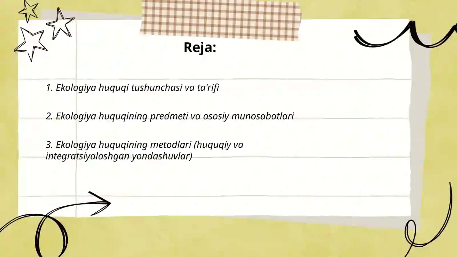 Ekologiya huquqi tushunchasi, predmeti, metodlari va rivojlanish tarixi Abdumalikova Sitora 2
