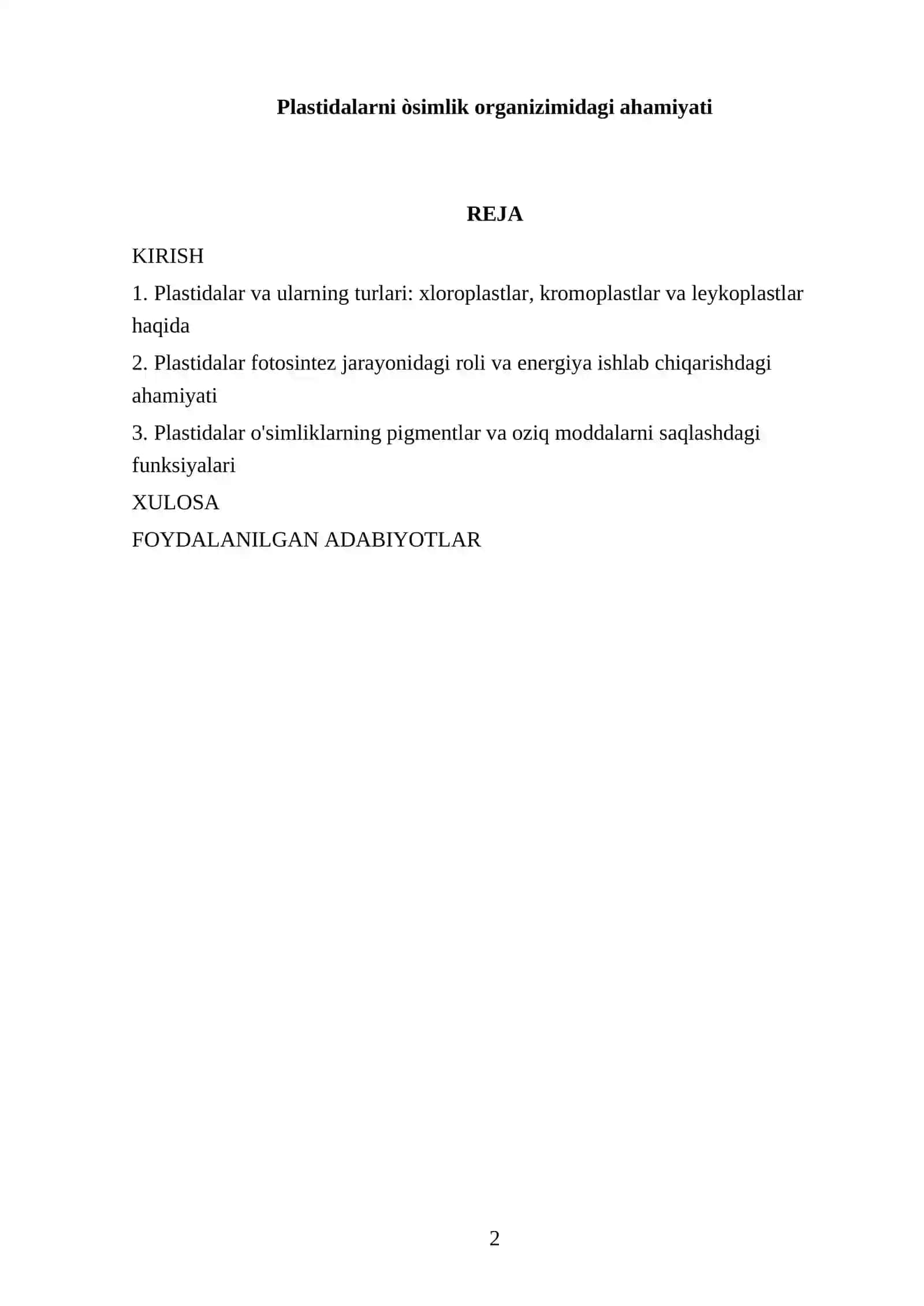 Plastidalarni òsimlik organizimidagi ahamiyati 2