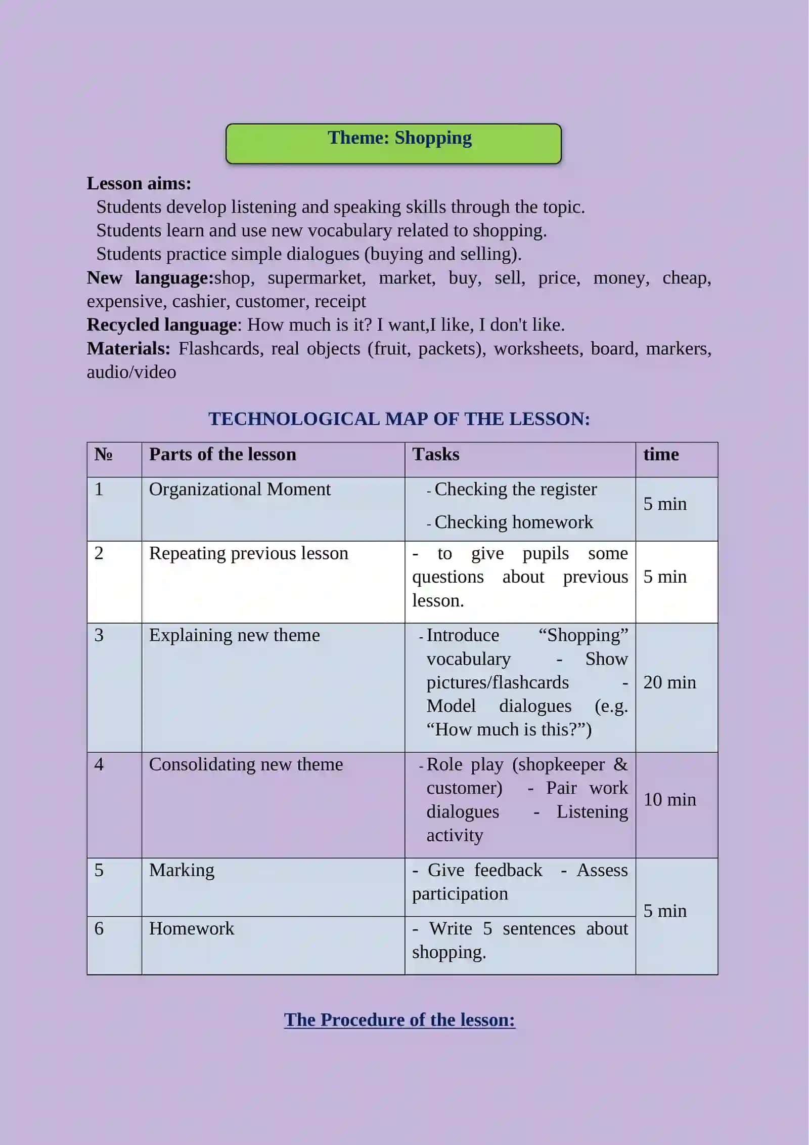 Lesson plan "Shopping" Grade-7 2