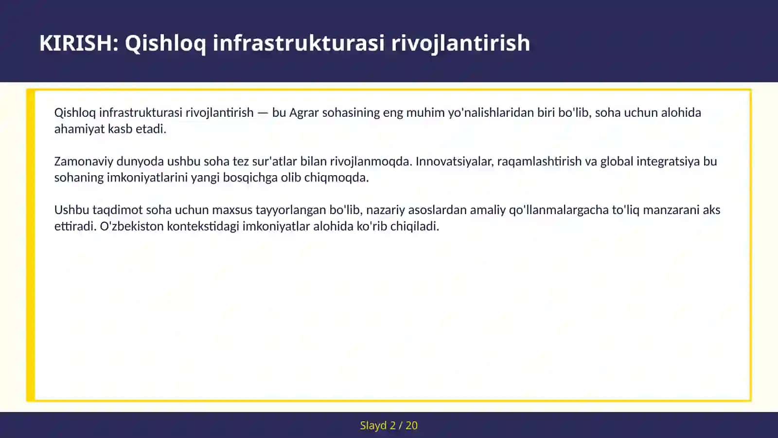 QISHLOQ INFRASTRUKTURASI RIVOJLANTIRISH 2