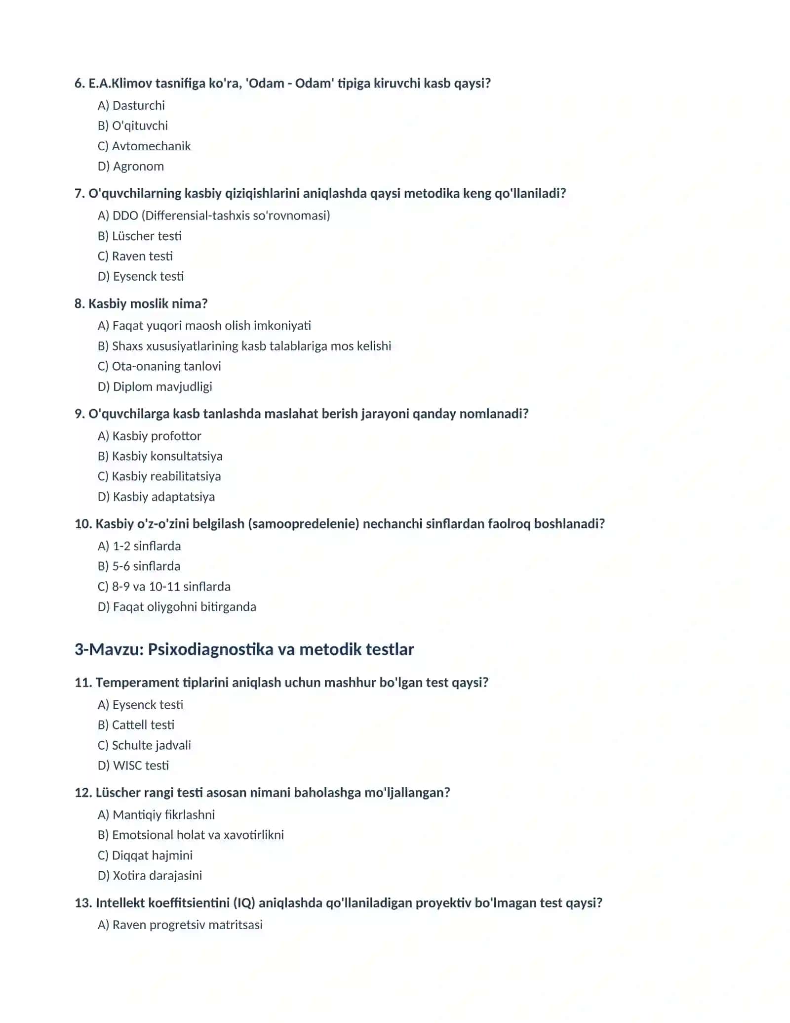 Maktab maslahatchisi (psixologi) uchun 1000 ta test va kalitlar to'plami 2