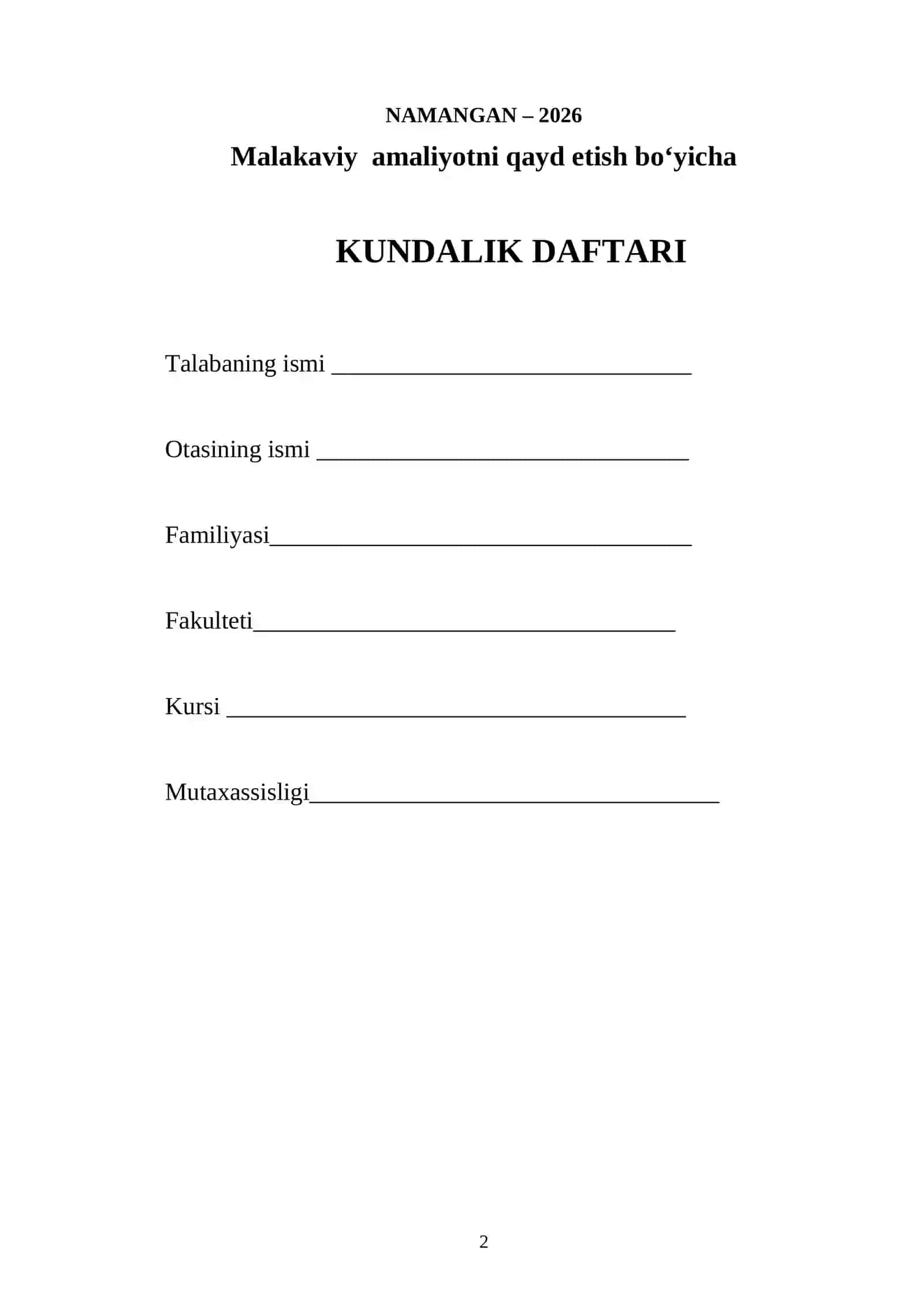 Talabaning MALAKAVIY amaliyoti kundaligi 2