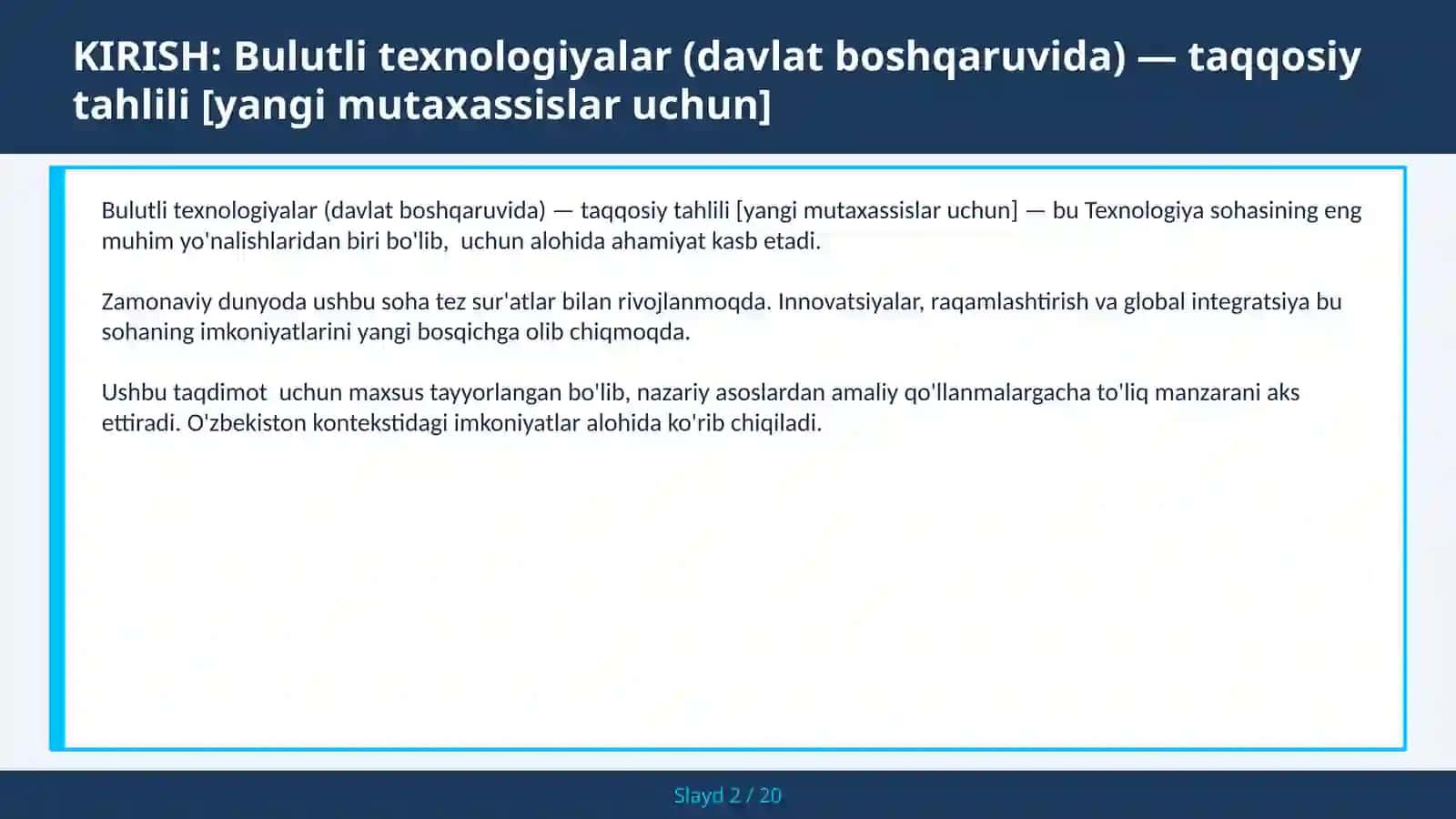 Bulutli texnologiyalar (davlat boshqaruvida) — taqqosiy tahlili [yangi mutaxassislar uchun] 2