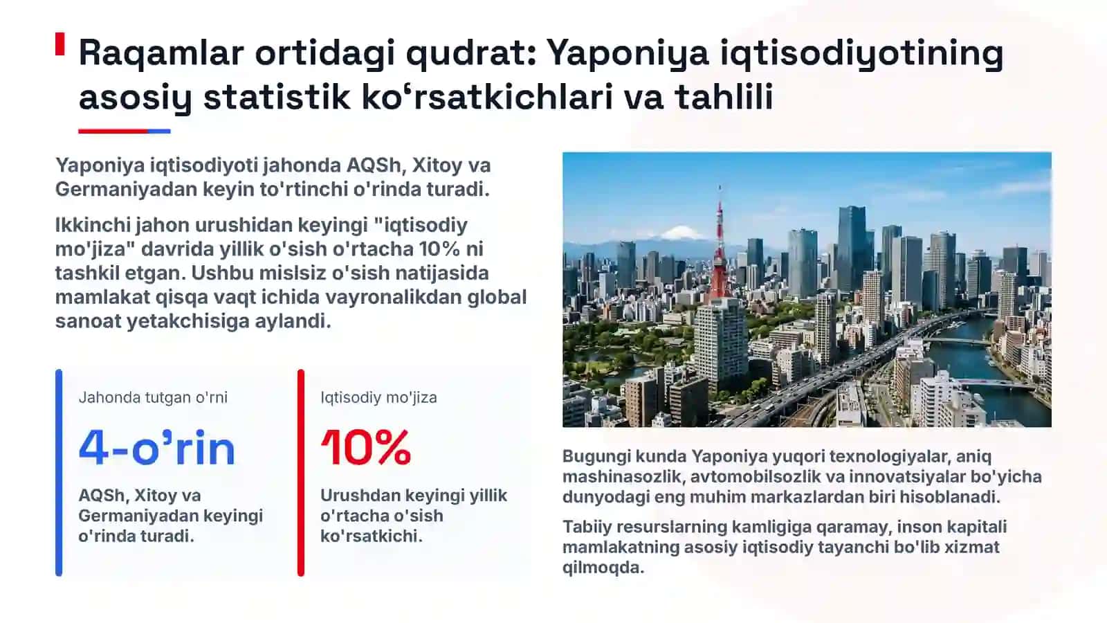 Raqamlar ortidagi qudrat: Yaponiya iqtisodiyotining asosiy statistik koʻrsatkichlari va tahlili 2