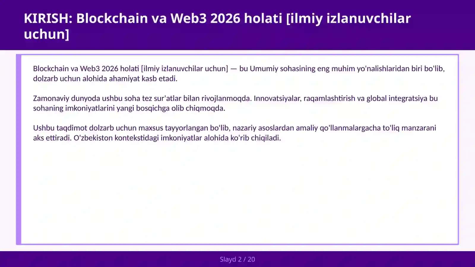 Blockchain va Web3 2026 holati [ilmiy izlanuvchilar uchun] 2