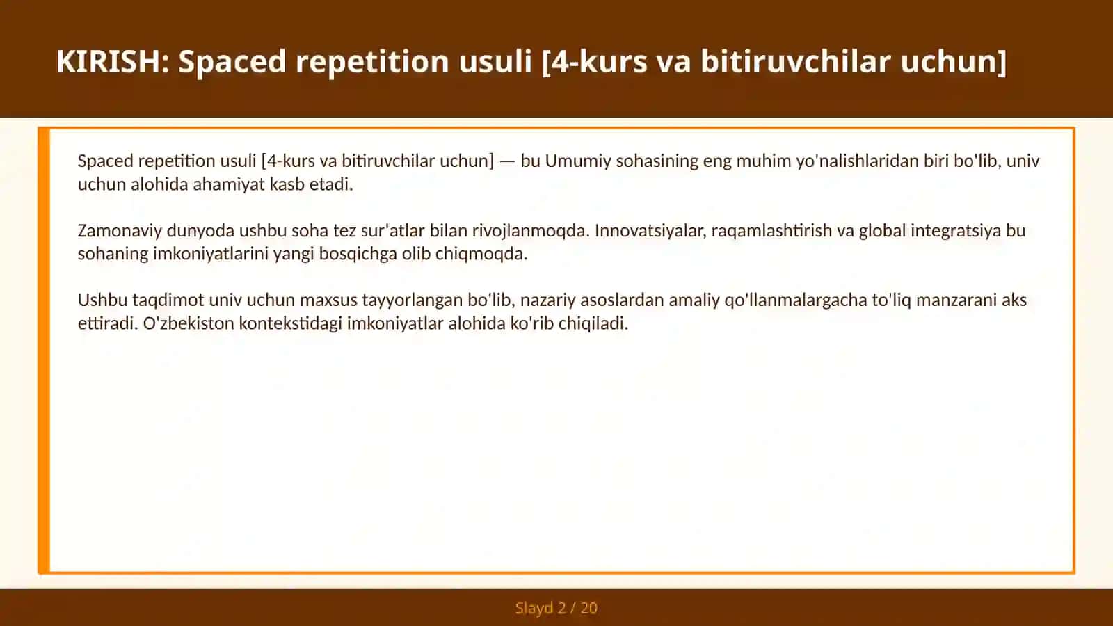 Spaced repetition usuli [4-kurs va bitiruvchilar uchun] 2