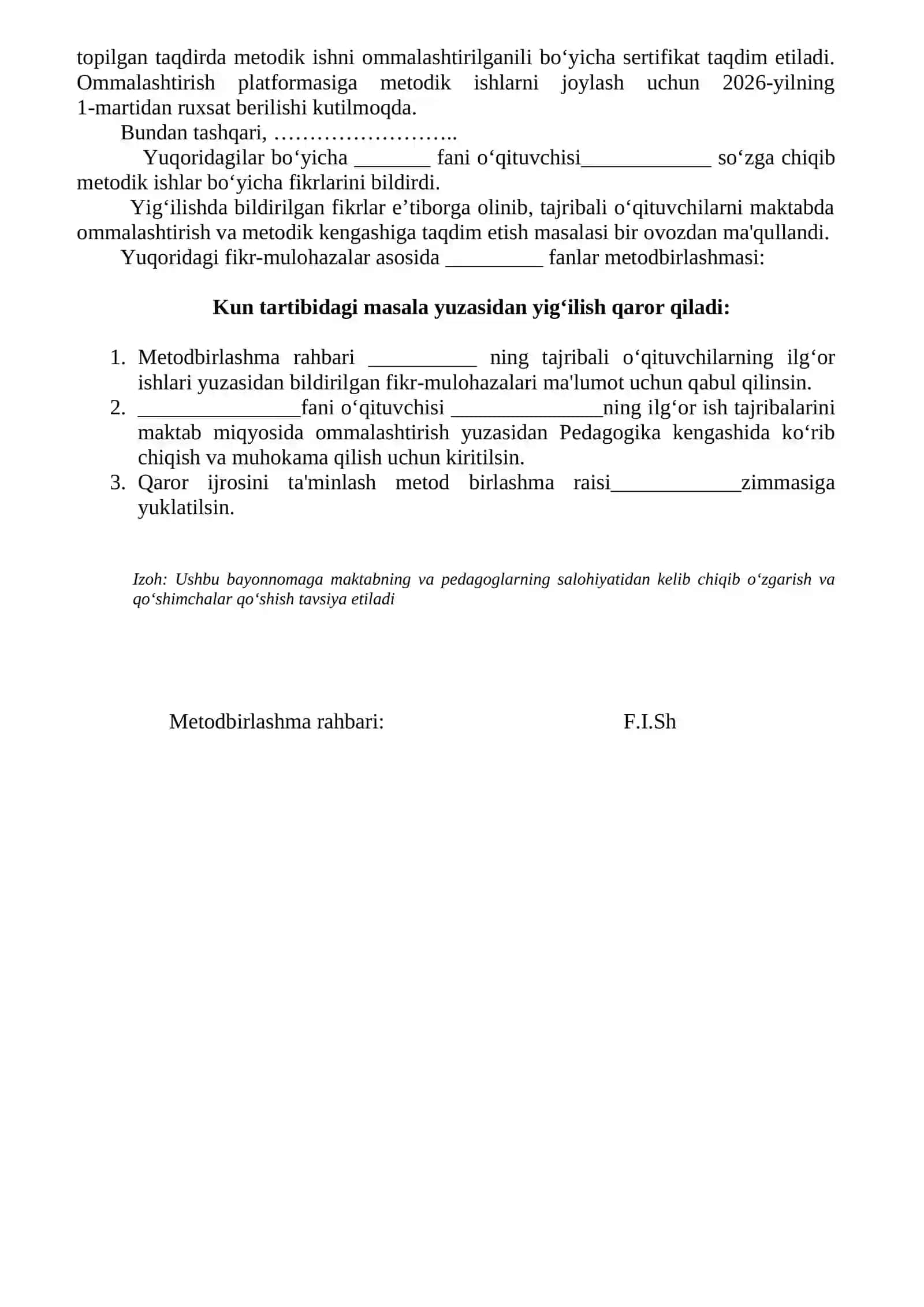 ommalashtirish bo'yicha Metodbirlashma qarori 2026-2027-yilga 2