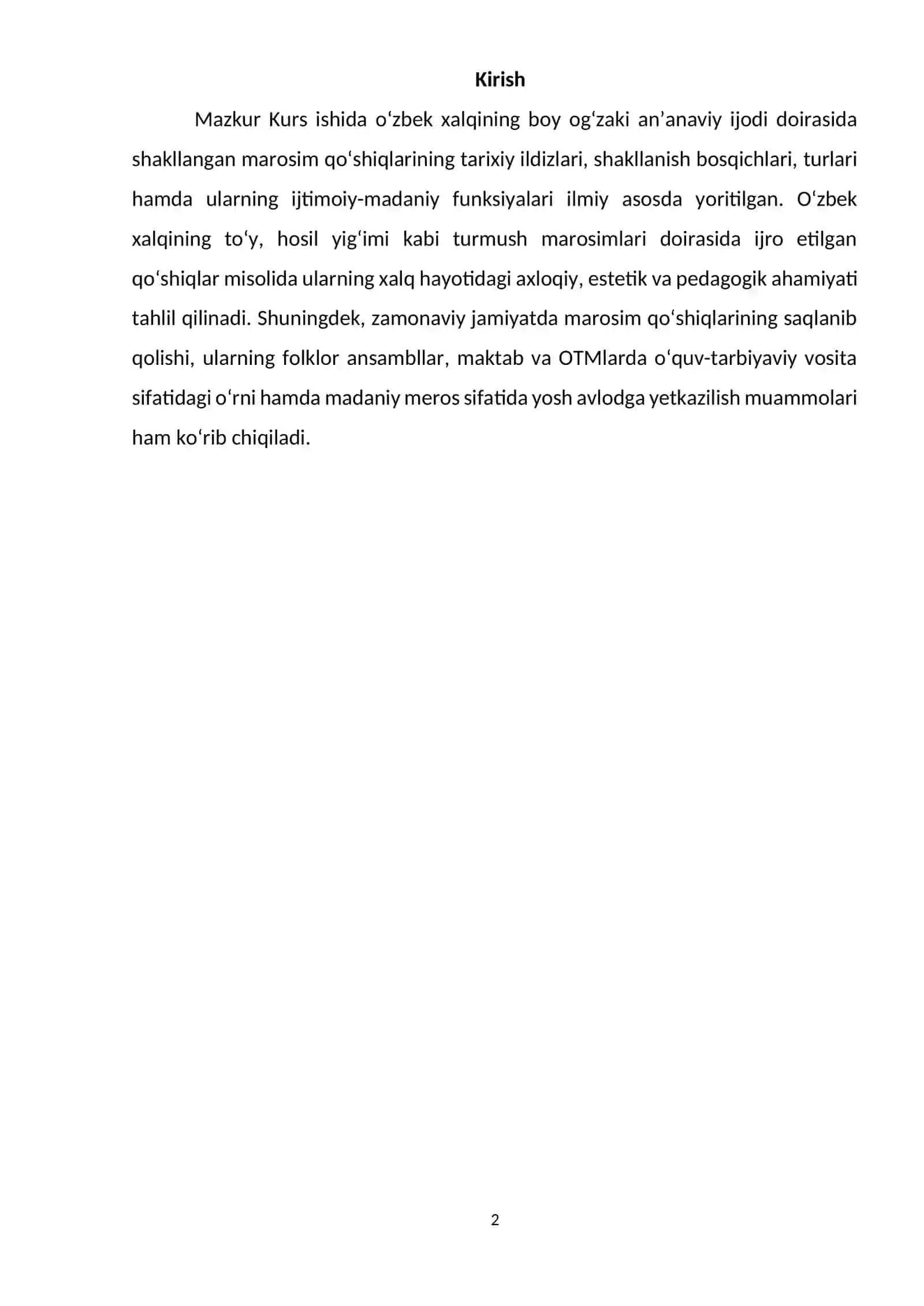 O‘zbek  xalq musiqa ijodida  mavsumiy marosim  qo’shiqlarining barqarorlashuvi va beqarorlashuvi. 2