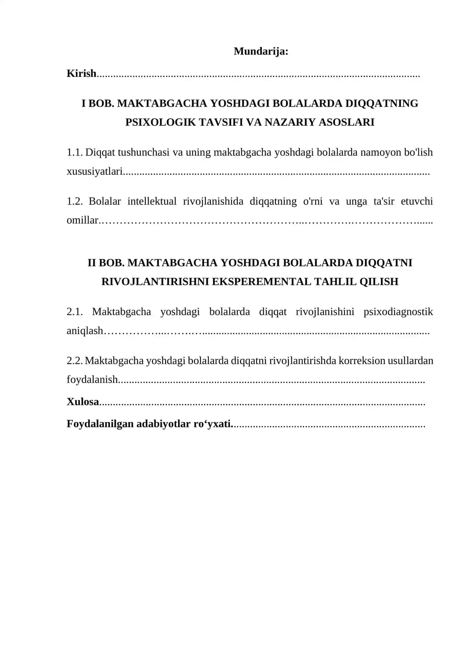 “Maktabgacha yoshdagi bolalarda diqqatni rivojlantirish usullari” KURS ISHI 2