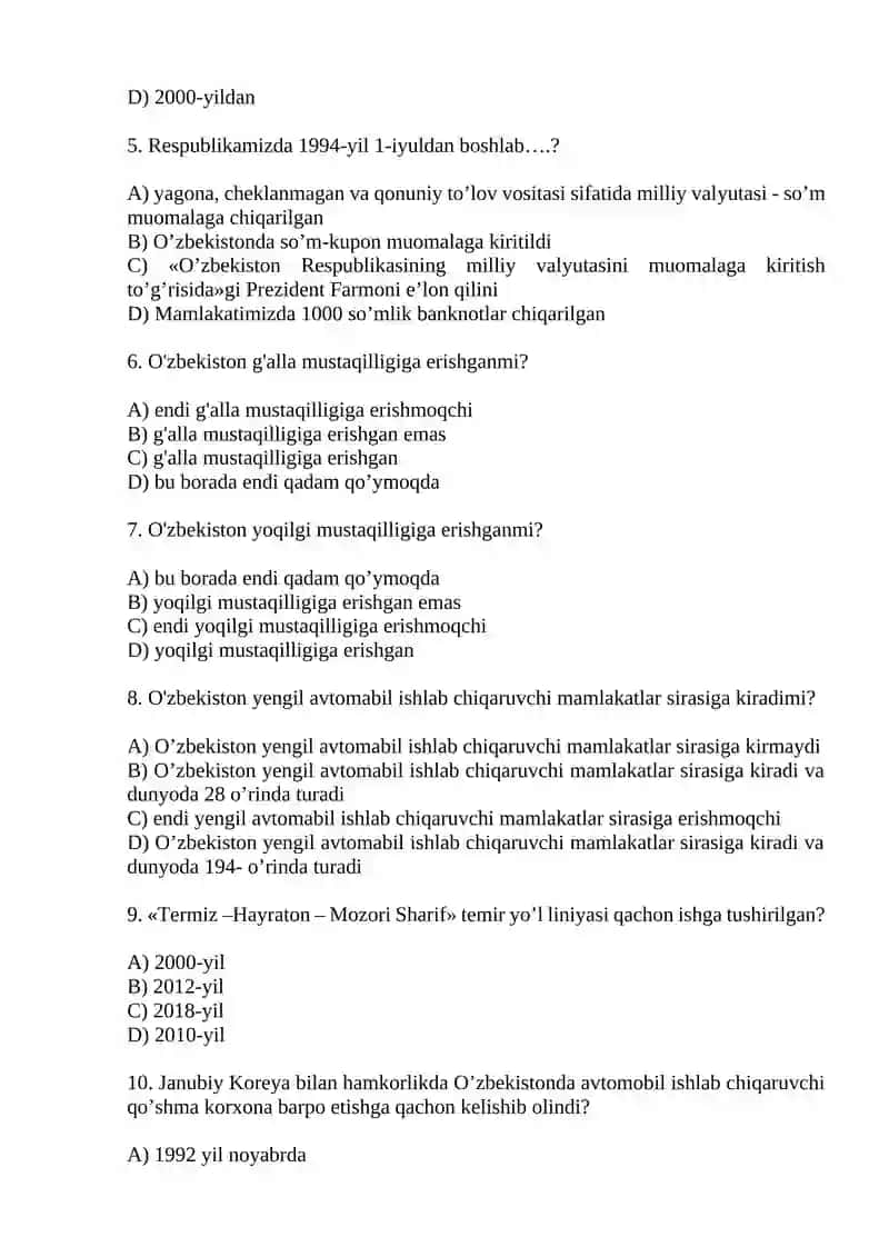 Mustaqillik yillarida O‘zbekistondagi ijtimoiy-iqtisodiy o‘zgarishlar. Test savollari. 2