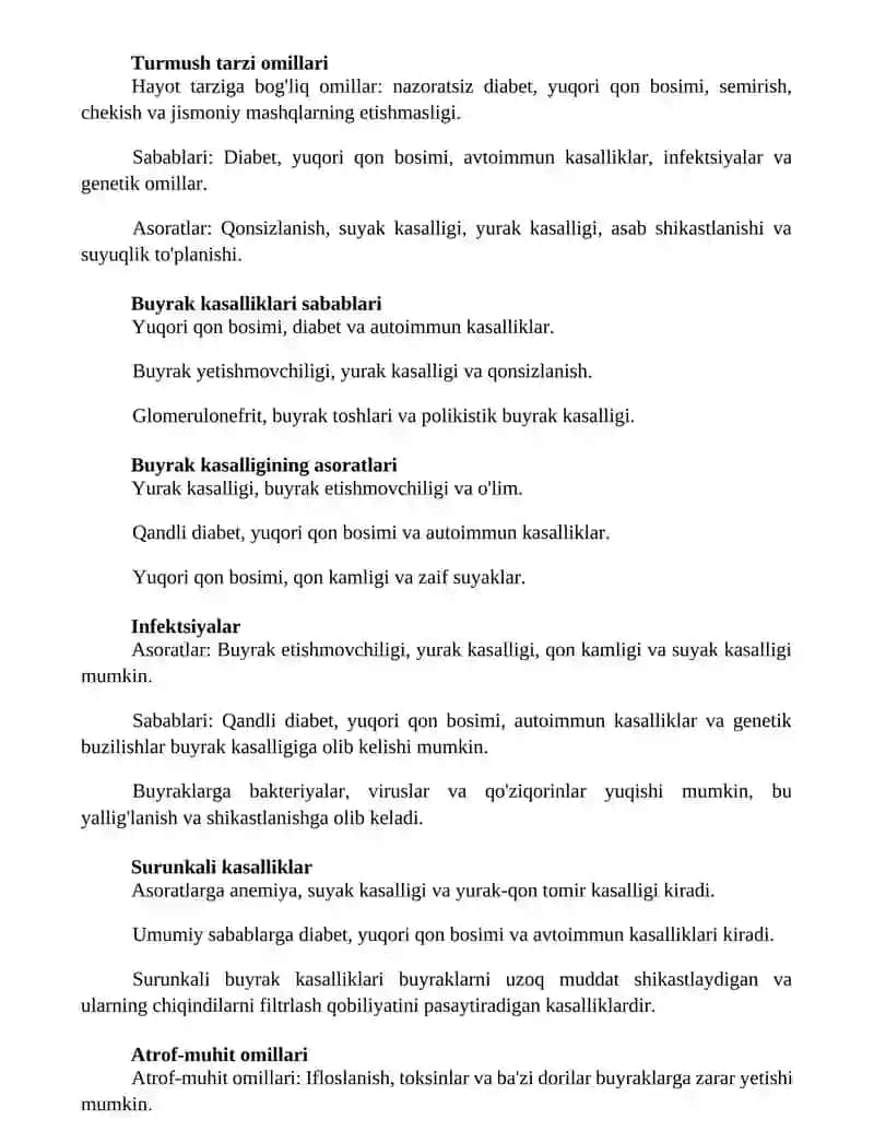 Buyrak kasalliklarining kelib chiqish sabablari va asoratlari 2