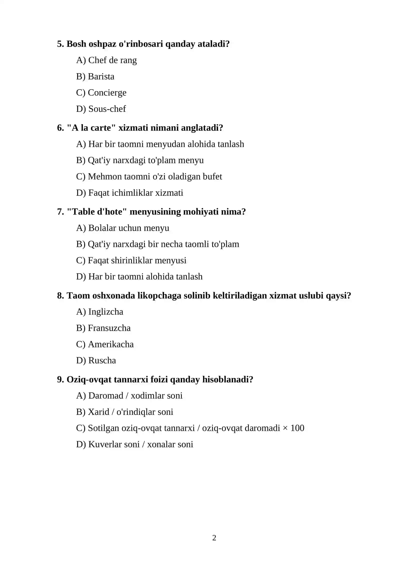 TEST TOPSHIRIQLARI 2