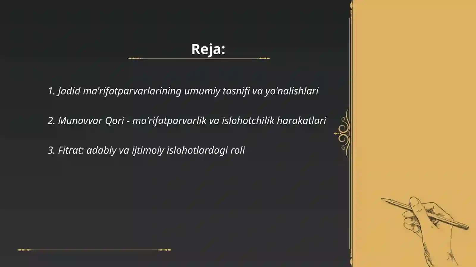Jadid ma'rifatparvarlarining o'lka ijtimoiy-ma'naviy hayotida tutgan o'rni (Munavvar Qori, Fitrat, Behbudiy, Avloniy va boshqalar) 2