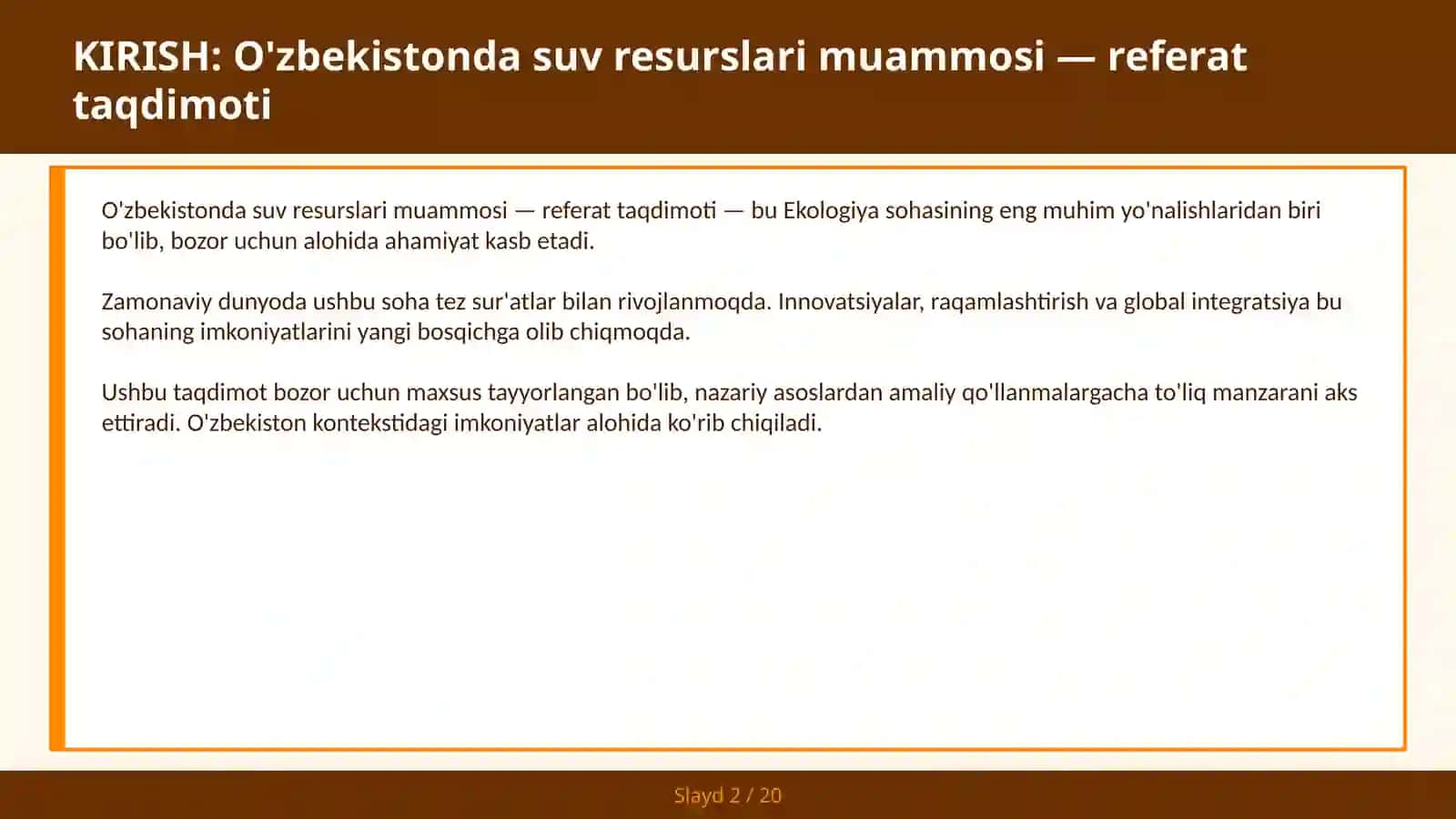O'ZBEKISTONDA SUV RESURSLARI MUAMMOSI — REFERAT TAQDIMOTI 2