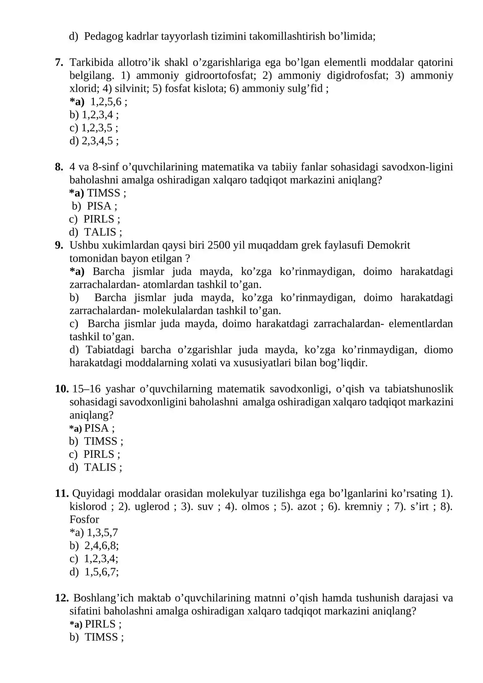 Kimyo fanidan testlar 2