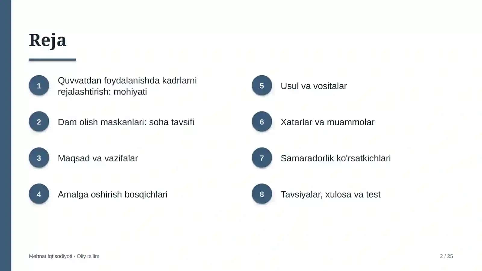 Dam olish maskanlarida ishlab chiqarish quvvatidan kadrlar bilan foydalanishni rejalashtirish 2