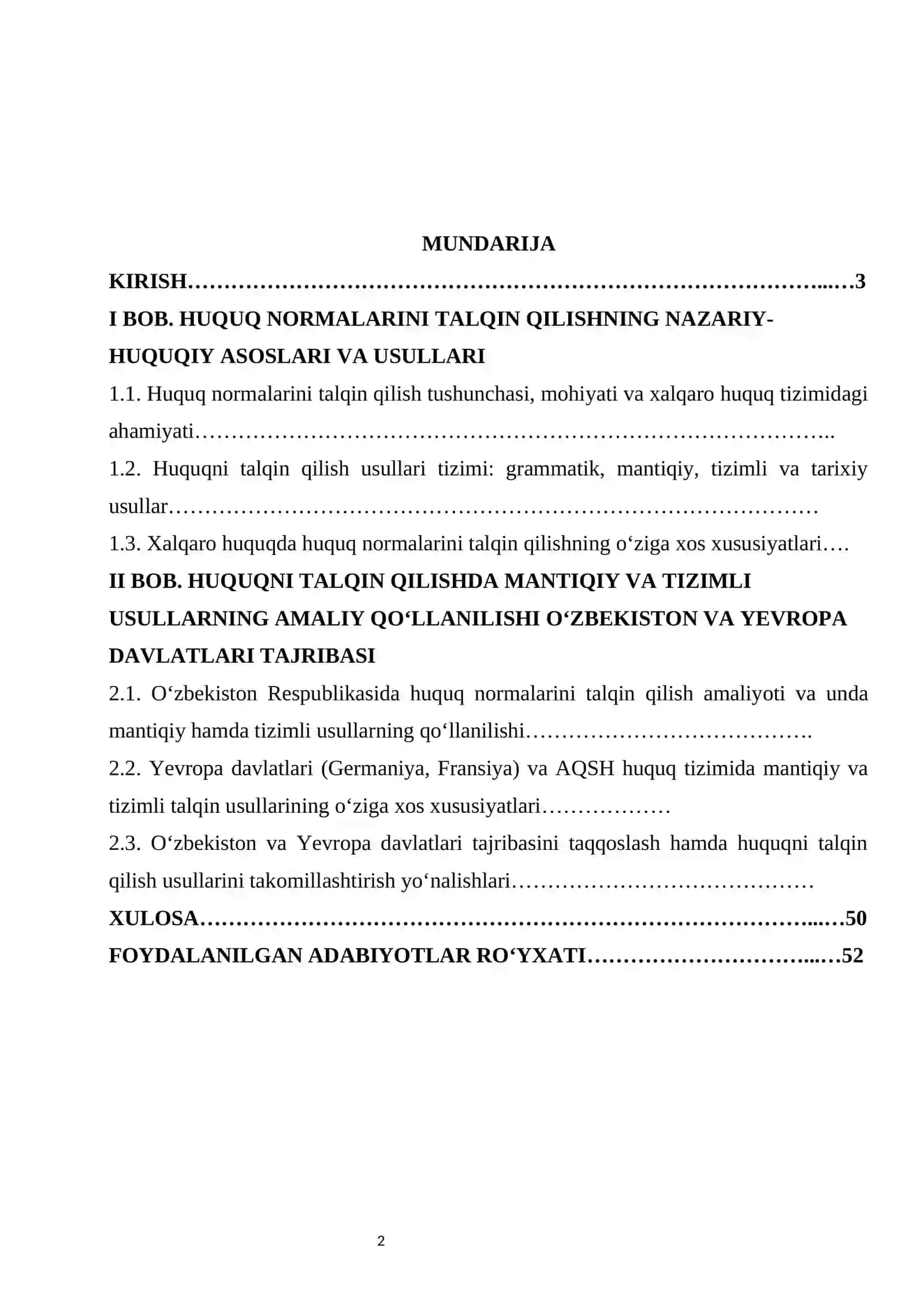 Huquqni talqin qilishda mantiqiy va tizimli usullar kurs ishi 2