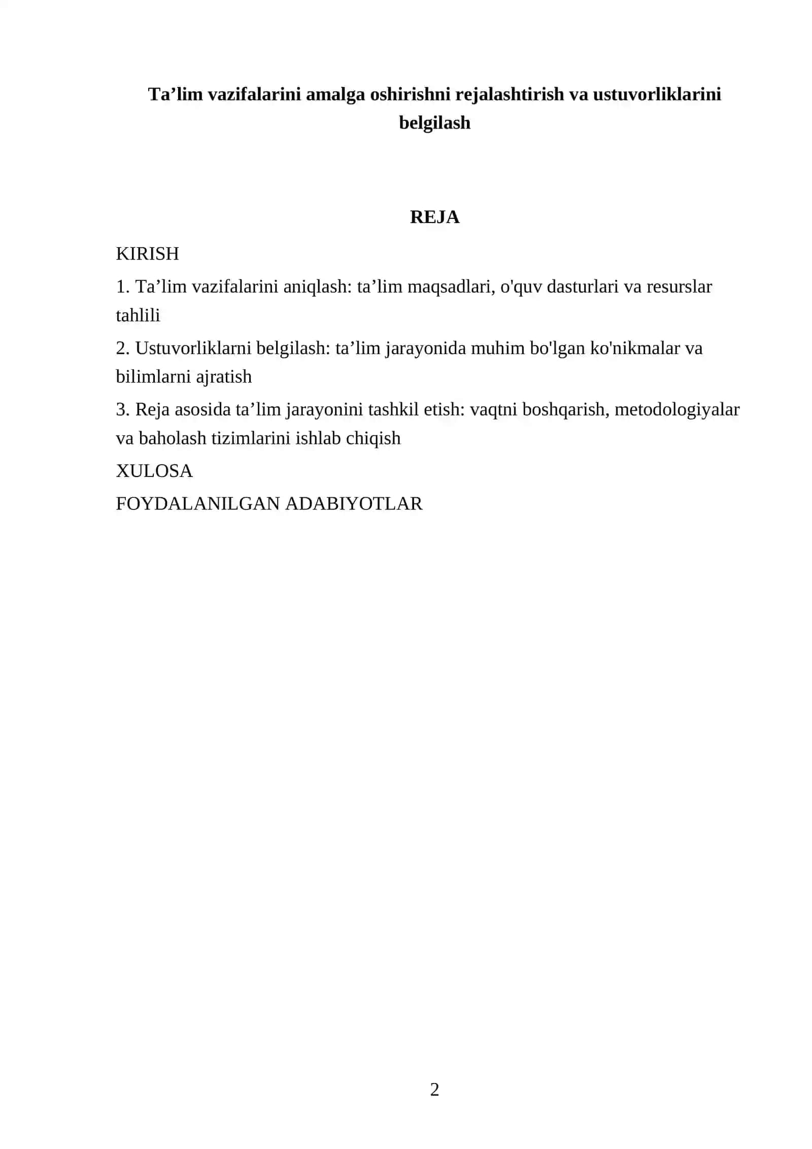 Ta’lim vazifalarini amalga oshirishni rejalashtirish va ustuvorliklarini belgilash 2