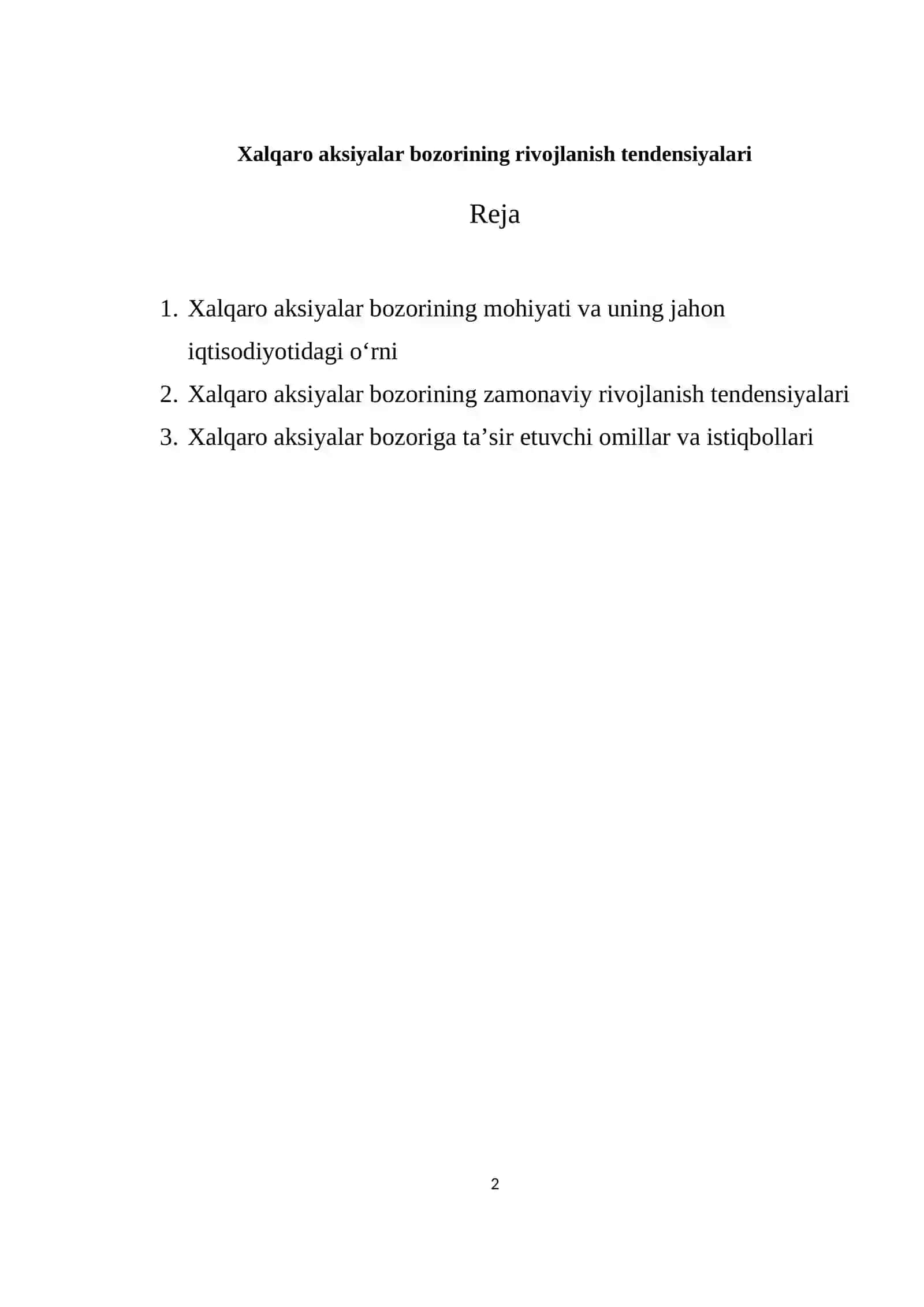 Xalqaro aksiyalar bozorining rivojlanish tendensiyalari 2