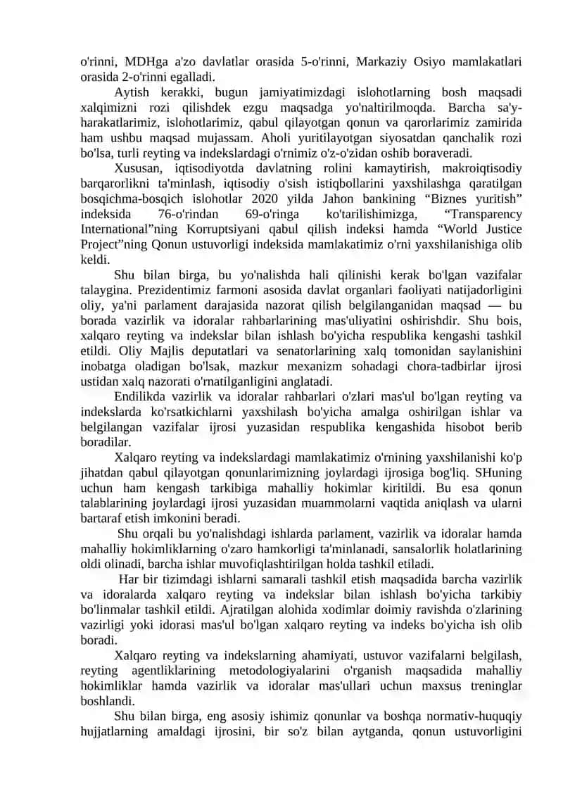 O’zbekiston Respublikasining Xalqaro Reyting va Indeksldagi O’rni va Nufuzini Ortib Borishi 2