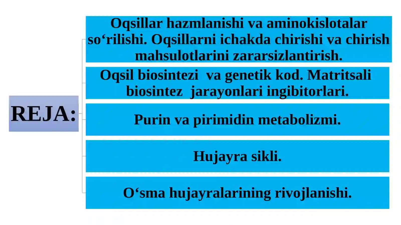Oqsillar hazmlanishi va aminokislotalar so‘rilishi. Dezaminlanish, transaminlanish. Oqsil biosintezi, oqsillar polimorfizmi, gen injeneriya 2