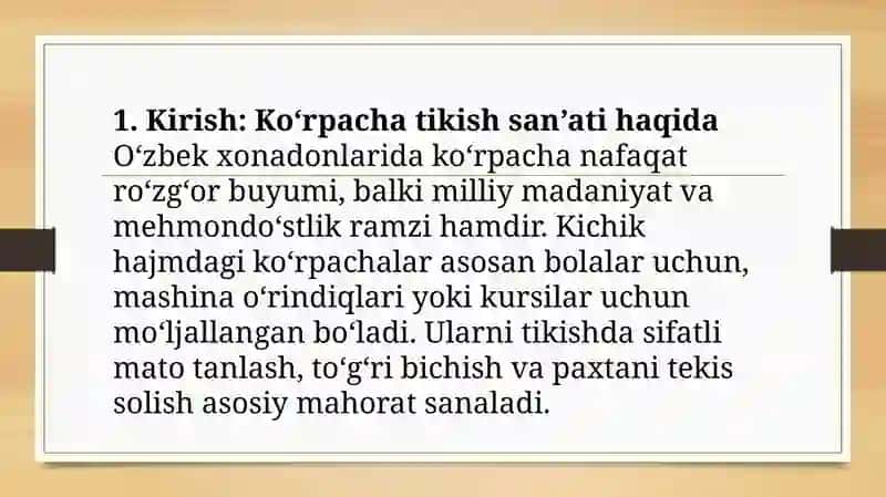 AMALIY MASHG'ULOT KICHIK HAJMDAGI KO'RPACHA BICHISH VA TIKISH 2