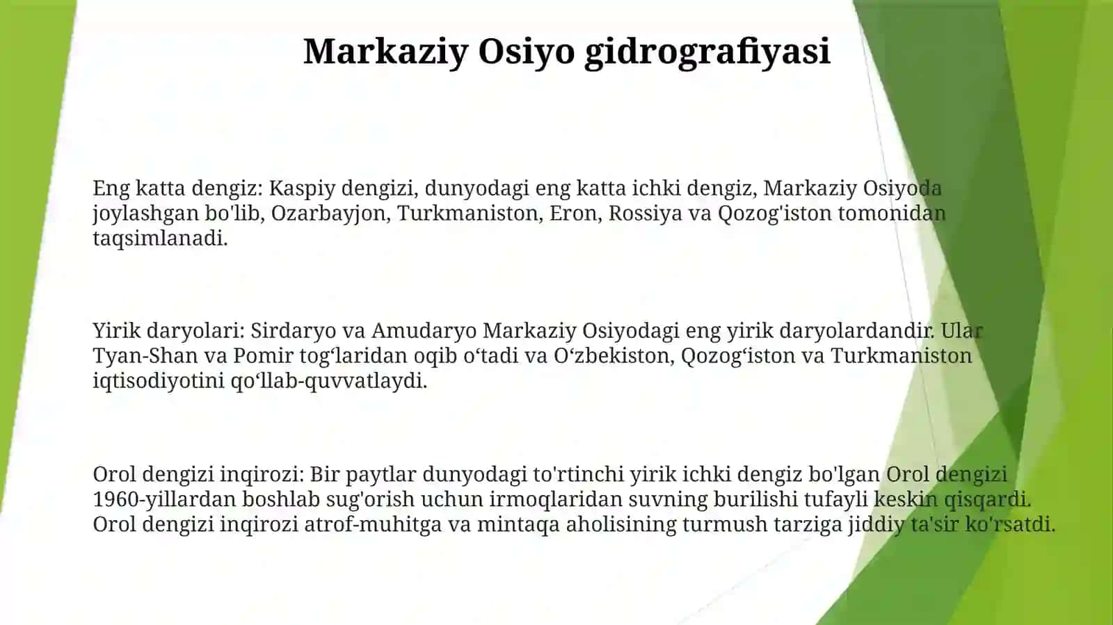 O'rta Osiyo Kóllari Va Daryolariga Tavsif Berish 2