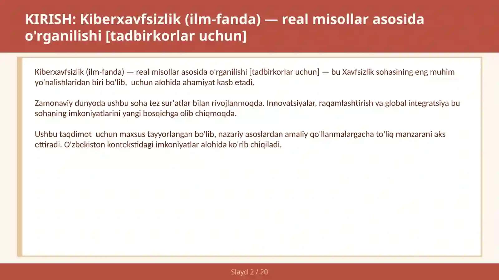 KIBERXAVFSIZLIK (ILM-FANDA) — REAL MISOLLAR ASOSIDA O'RGANILISHI [TADBIRKORLAR UCHUN] 2