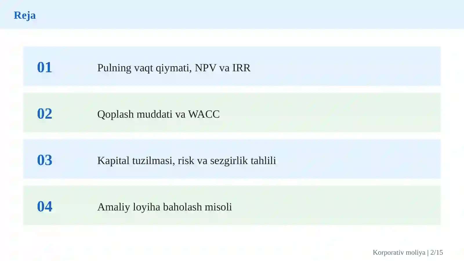 Korporativ moliyada investitsiya loyihalarini baholash va kapital qiymatini aniqlash 2