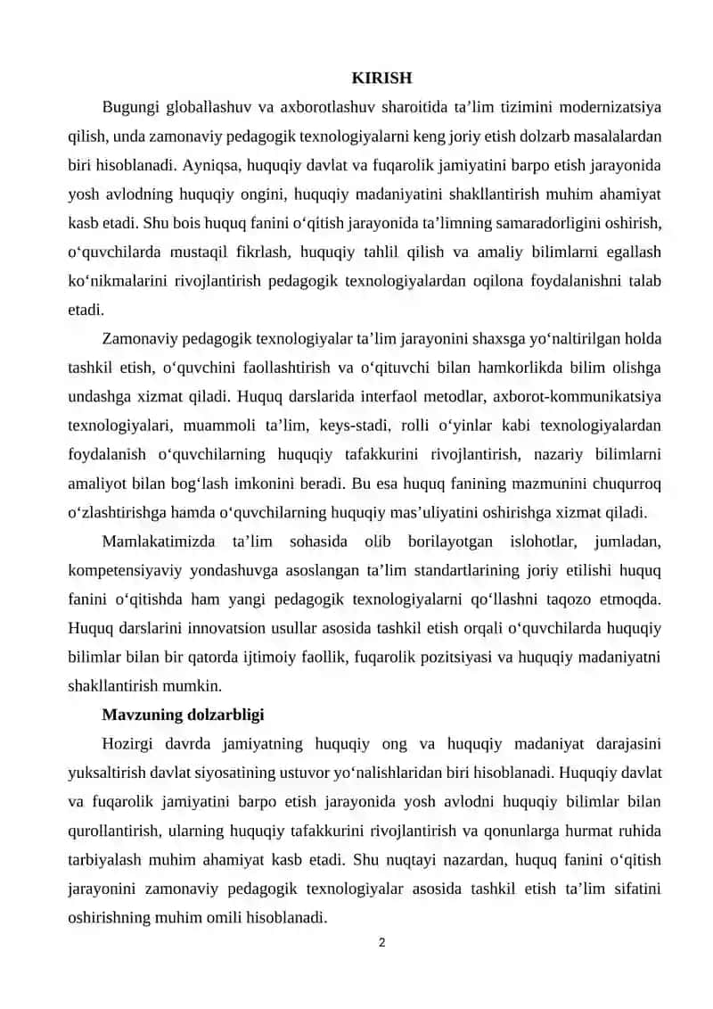 HUQUQ DARSLARIDA PEDAGOGIK TEXNOLOGIYALARDAN FOYDALANISH 2