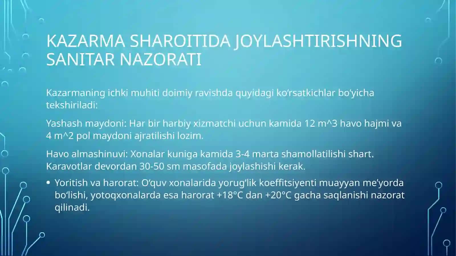 Kazarmava dala sharoitida harbiy xizmatchilarni joylashtirishning sanitar nazorati. RM va ZM bilan zararlangan hududda harbiyxizmatchilarmiovqatlanitirishningsanitar nazorati 2