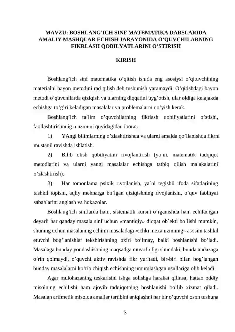 BOSHLANG’ICH SINF MATEMATIKA DARSLARIDA AMALIY MASHQLAR ECHISH JARAYONIDA O’QUVCHILARNING FIKRLASH QOBILYATLARINI O’STIRISH 2