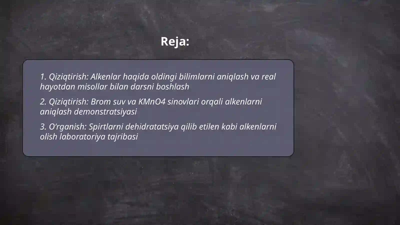 Alkenlarning olinishi xossalari ishlatilishi mavzusida 5 E modelidan foydalanish 2