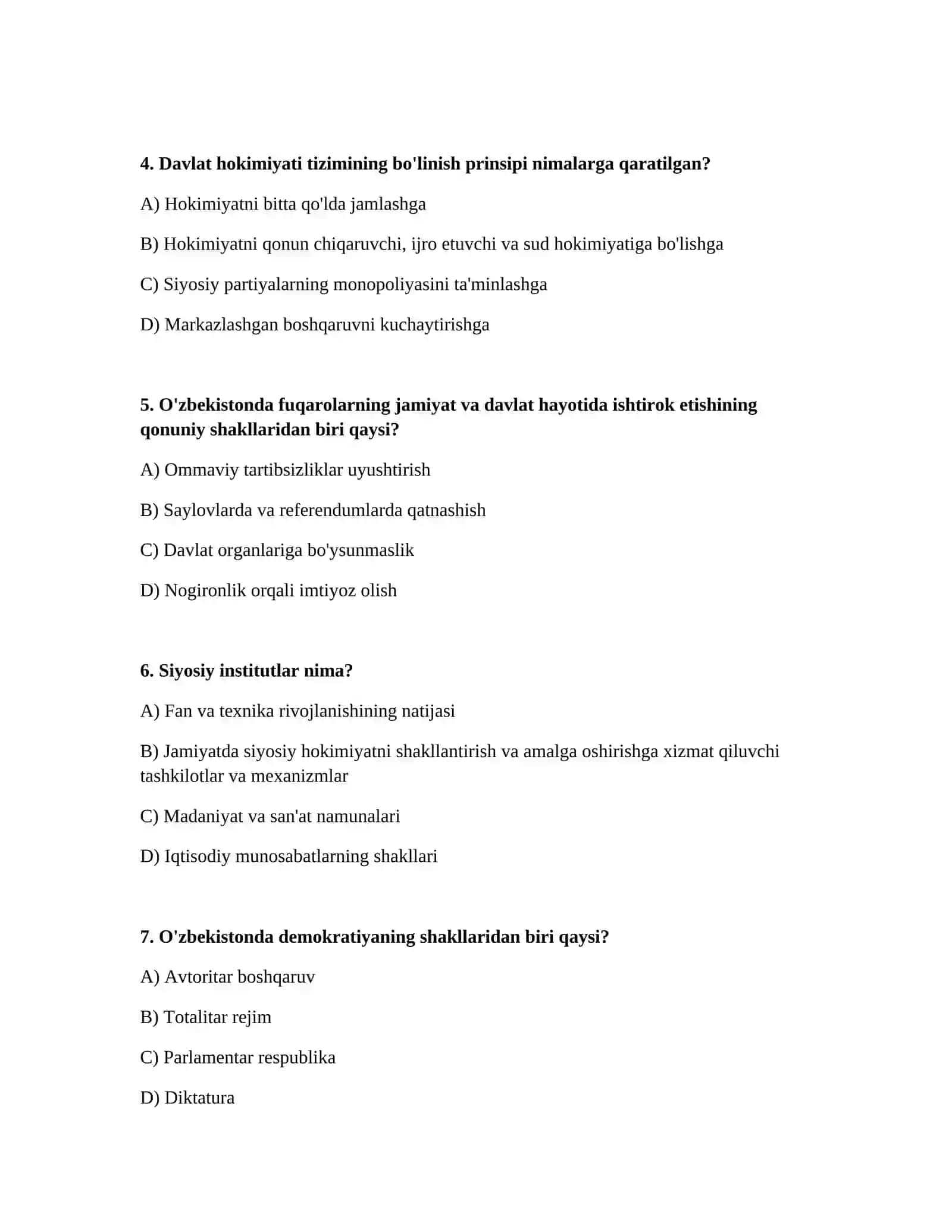 O‘zbekiston xalqi. Aholining jamiyat va davlat hayotida ishtirok etishi. Xalq nomidan ish olib borish. O‘zbekistonda demokratiya tamoyillari va shakllari 2