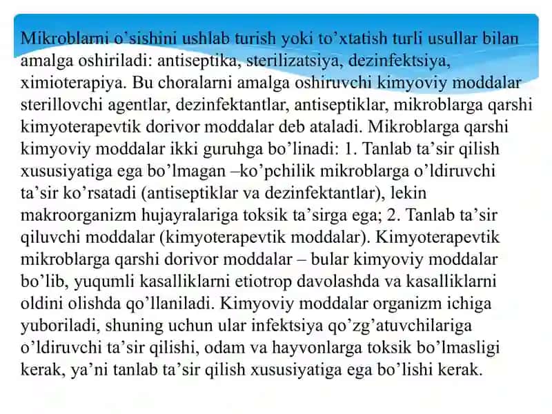 Mikroblarni o’ldirish usullarini o’rgatish(avtoklavda va h.k).Dezinfeksiya,Sterilizatsiya. Qon va boshqa biologik suyuqliklar sachraganda va to’kilganda ko’riladigan chora-tadbirlar. 2