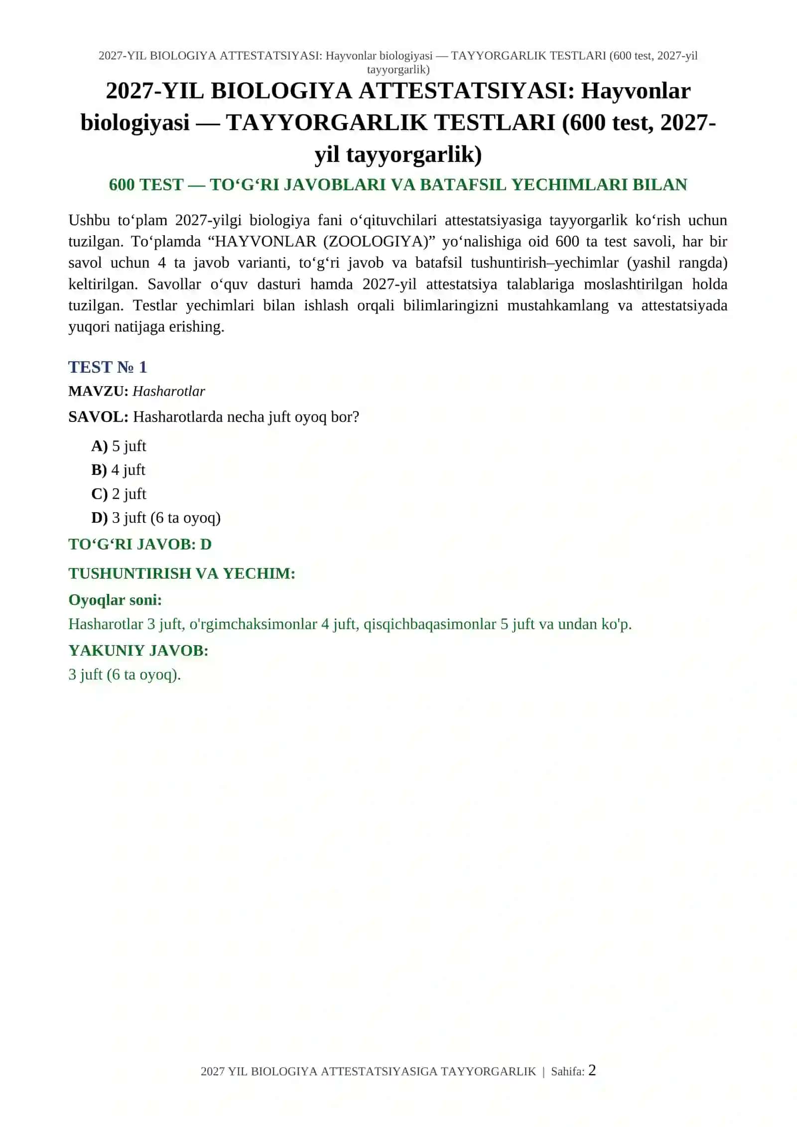 2027-YIL BIOLOGIYA ATTESTATSIYASI: Hayvonlar biologiyasi — TAYYORGARLIK TESTLARI (600 test, 2027-yil tayyorgarlik) 2