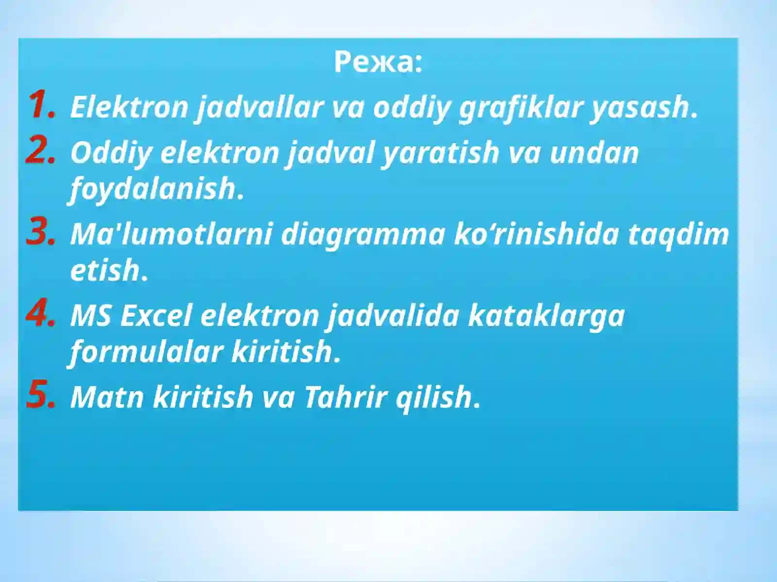 Elektron jadval muharrirlari, MS Excel dasturi 2